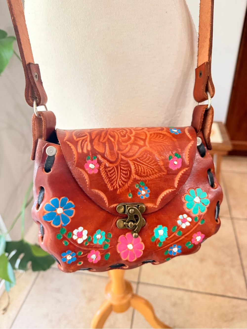 Tooled Leather Floral Crossbody Bag Brown Boho Purse